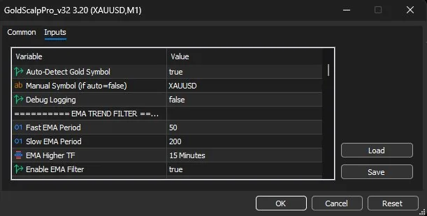 GoldScalpPro v32 MT5 Expert Advisor panel scalping XAUUSD on the 1 minute timeframe