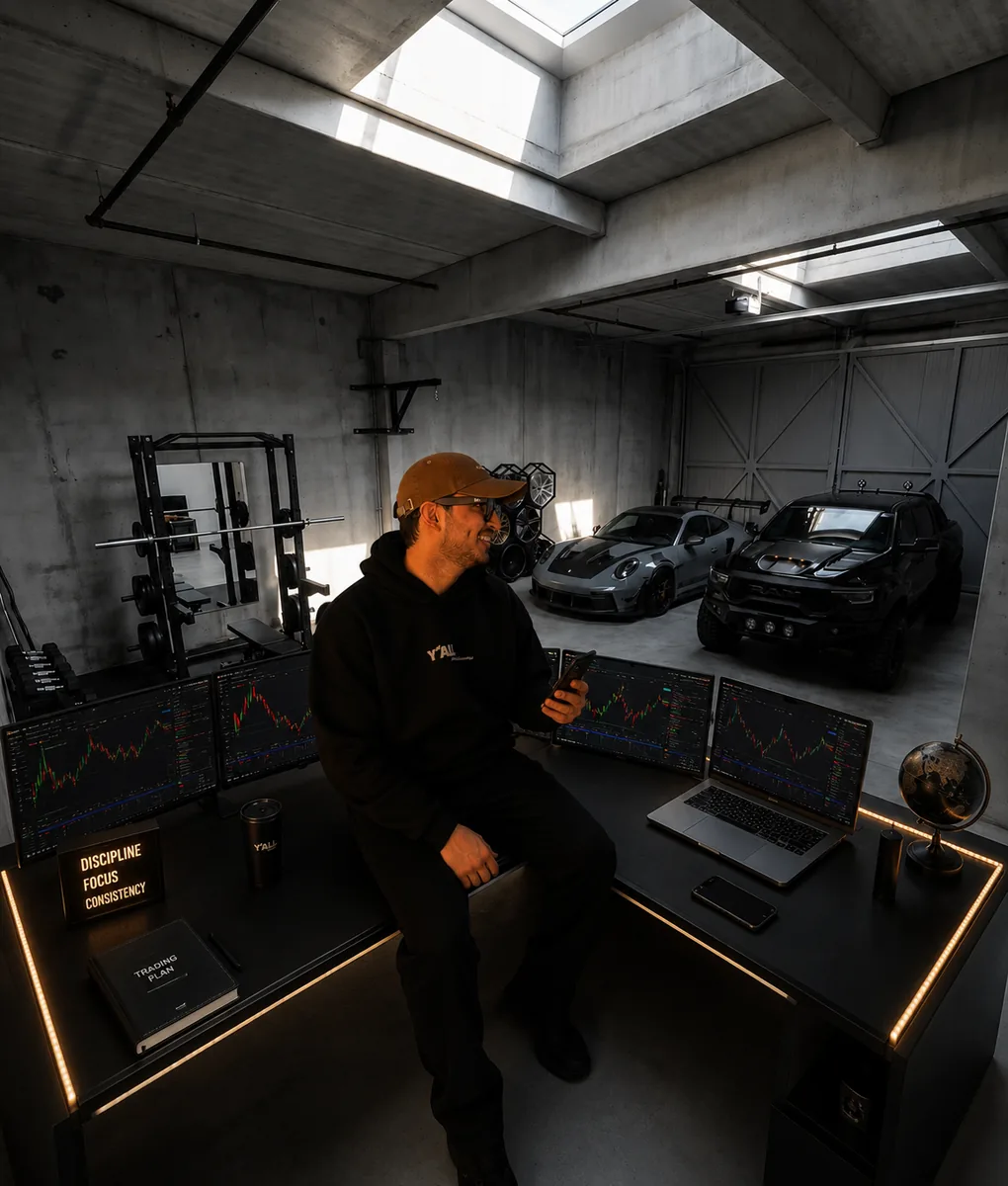 Zubare Khan at his multi-monitor trading desk, charts on screen, in a concrete garage studio with a home gym and cars behind him